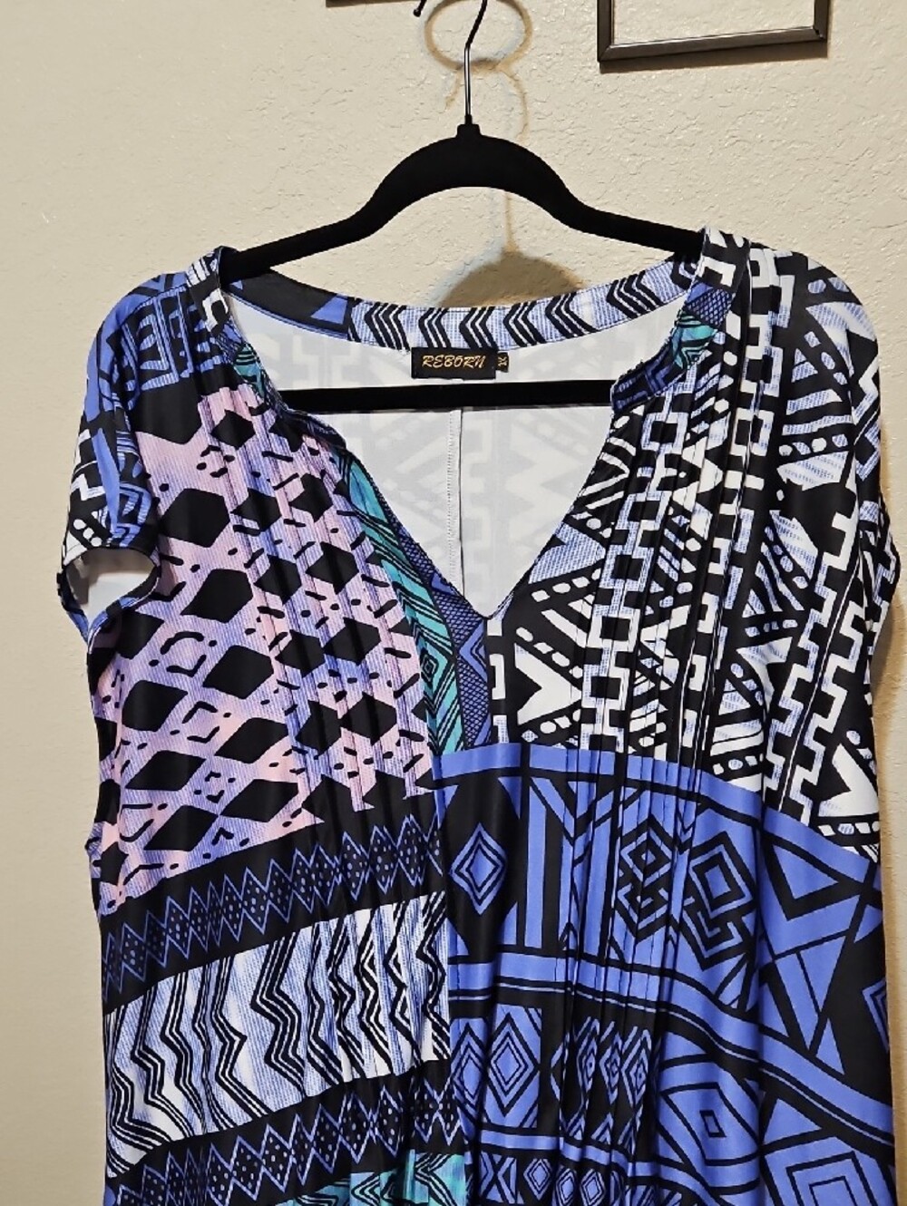 Reborn Blue Patterned V-Neck Maxi Dress with Pink Accents - Picture 4 of 8